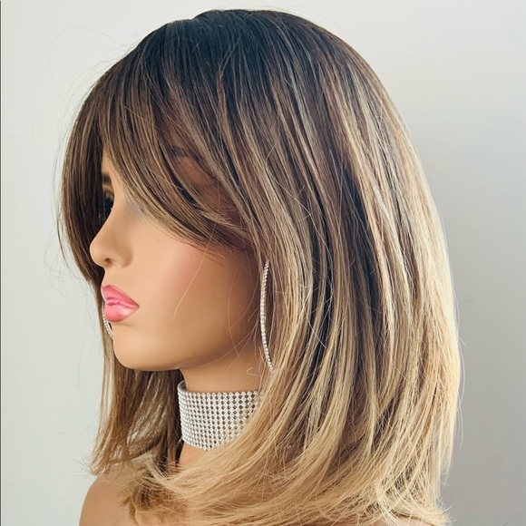 Very Pretty 16” Toffee Brown Mix Color Synthetic Wig with Bangs - Picture 3 of 5